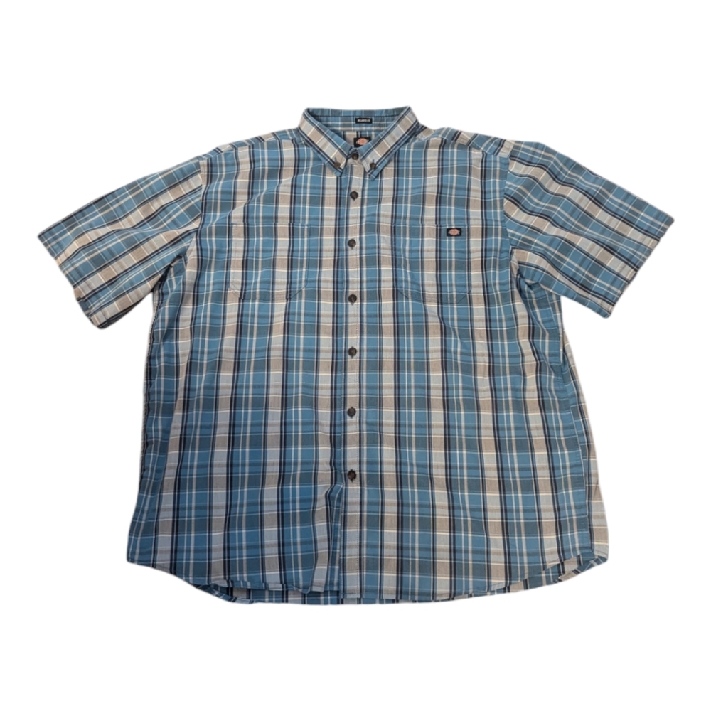 Dickies Relaxed Fit Blue Plaid  Button Collar Shirt Sleeve Shirt. Men's XL